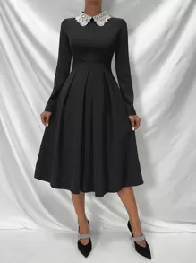 SHEIN Clasi Contrast Collar Fold Pleated Dress - Black - View 1