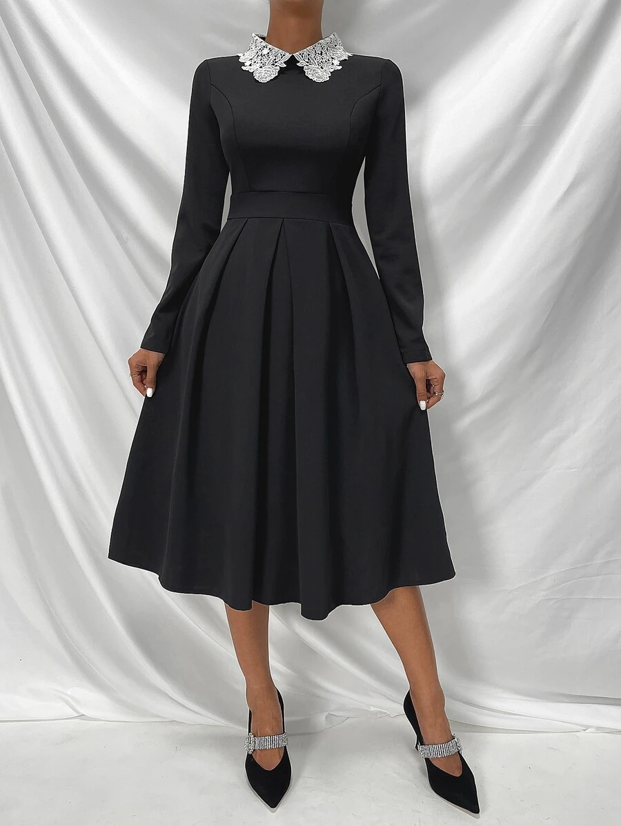 SHEIN Clasi Contrast Collar Fold Pleated Dress - Black - View 1