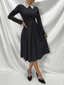 SHEIN Clasi Contrast Collar Fold Pleated Dress - Black - View 5