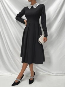 SHEIN Clasi Contrast Collar Fold Pleated Dress - Black - View 6