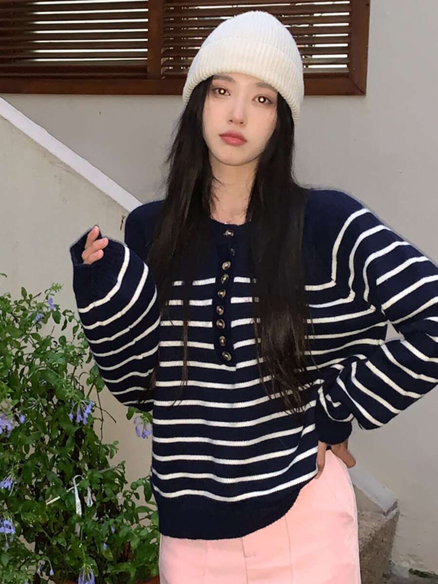 Striped Button Front Raglan Sleeve Sweater