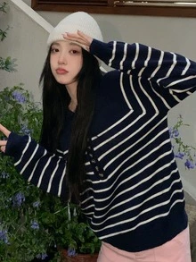 Striped Button Front Raglan Sleeve Sweater