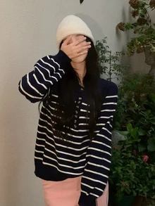 Striped Button Front Raglan Sleeve Sweater