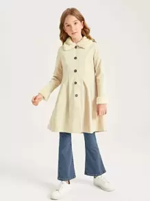 SHEIN Girls Teddy Panel Fold Pleated Coat - Apricot - View 1