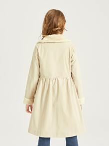 SHEIN Girls Teddy Panel Fold Pleated Coat - Apricot - View 2