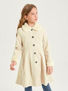 SHEIN Girls Teddy Panel Fold Pleated Coat - Apricot - View 3