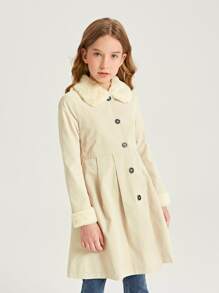 SHEIN Girls Teddy Panel Fold Pleated Coat - Apricot - View 4