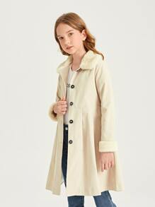 SHEIN Girls Teddy Panel Fold Pleated Coat - Apricot - View 5