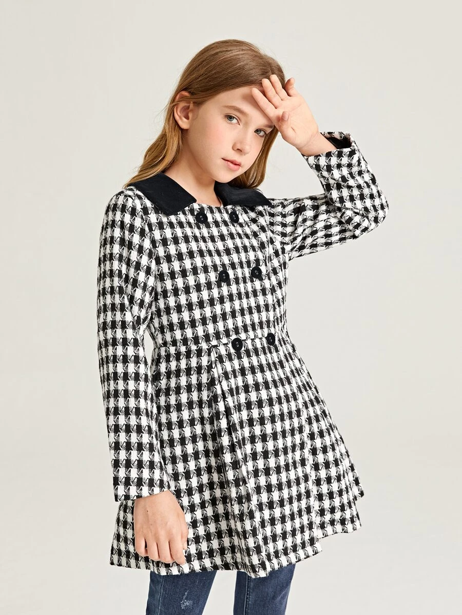 SHEIN Girls Houndstooth Print Contrast Collar Double Breasted Coat - Black and White - View 1