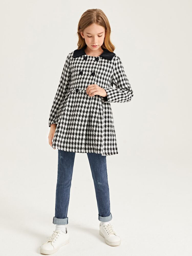 SHEIN Girls Houndstooth Print Contrast Collar Double Breasted Coat - Black and White - View 3