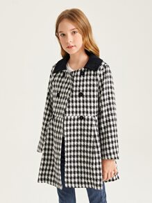 SHEIN Girls Houndstooth Print Contrast Collar Double Breasted Coat - Black and White - View 4