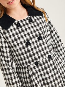 SHEIN Girls Houndstooth Print Contrast Collar Double Breasted Coat - Black and White - View 5