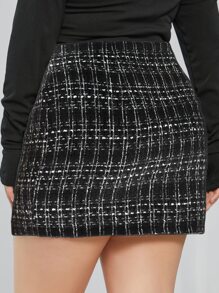 Flirla Plus Plaid Pattern Single Breasted Tweed Skirt - Black - View 2