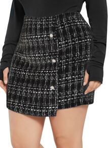 Flirla Plus Plaid Pattern Single Breasted Tweed Skirt - Black - View 4