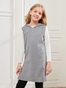 SHEIN Girls Slit Hem Hooded Knit Top Without Tee - Light Grey - View 1