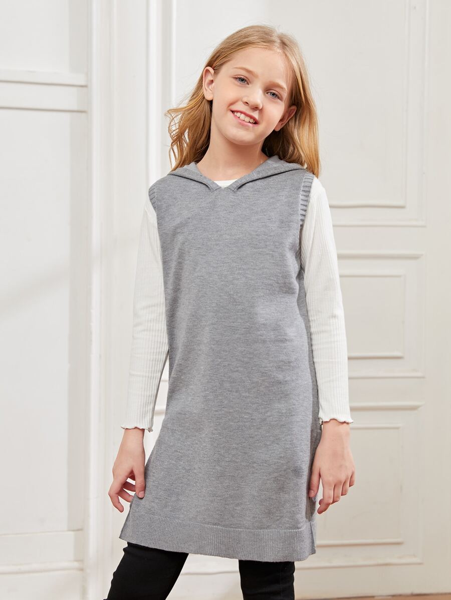 SHEIN Girls Slit Hem Hooded Knit Top Without Tee - Light Grey - View 1