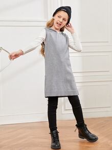 SHEIN Girls Slit Hem Hooded Knit Top Without Tee - Light Grey - View 3