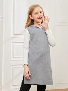 SHEIN Girls Slit Hem Hooded Knit Top Without Tee - Light Grey - View 4