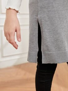 SHEIN Girls Slit Hem Hooded Knit Top Without Tee - Light Grey - View 5