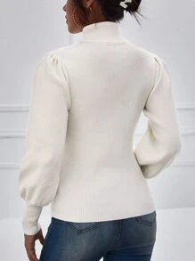 SHEIN Privé Solid Bishop Sleeve Turtle Neck Jumper - White - View 2