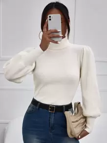 SHEIN Privé Solid Bishop Sleeve Turtle Neck Jumper - White - View 3