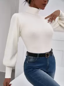 SHEIN Privé Solid Bishop Sleeve Turtle Neck Jumper - White - View 4