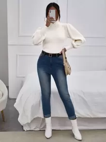 SHEIN Privé Solid Bishop Sleeve Turtle Neck Jumper - White - View 5