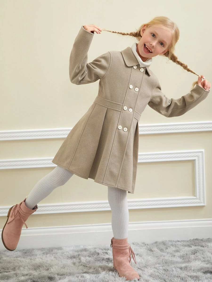 SHEIN Girls Double Breasted Fold Pleated Overcoat - Apricot - View 1