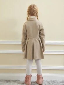 SHEIN Girls Double Breasted Fold Pleated Overcoat - Apricot - View 2