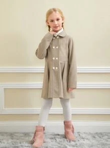 SHEIN Girls Double Breasted Fold Pleated Overcoat - Apricot - View 3