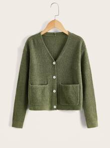 SHEIN Boys Dual Pocket Button Front Cardigan - Army Green - View 1