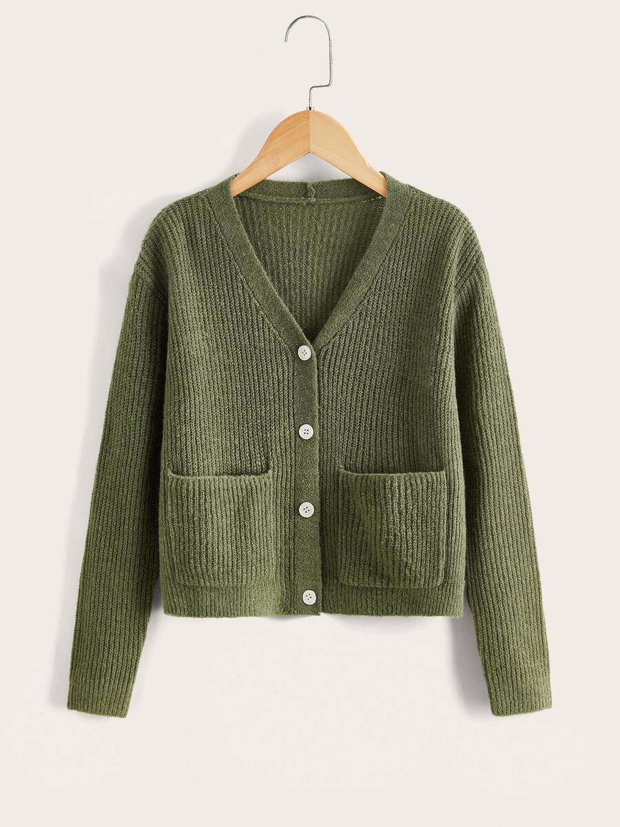SHEIN Boys Dual Pocket Button Front Cardigan - Army Green - View 1