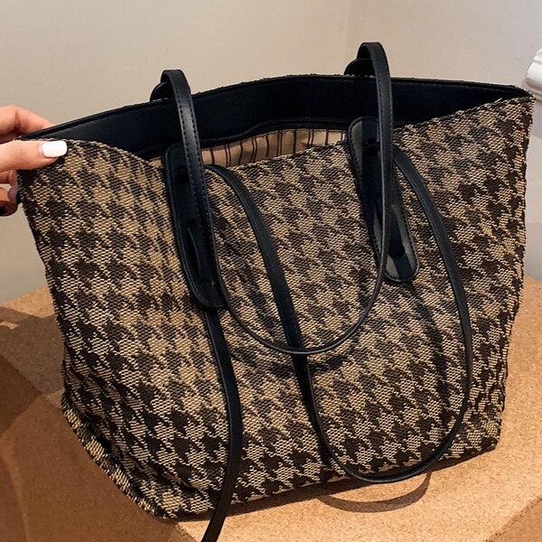 

Houndstooth Pattern Shoulder Tote Bag, Multicolor