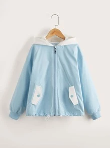 SHEIN Girls Zip Up Drop Shoulder Hooded Jacket - Baby Blue - View 1