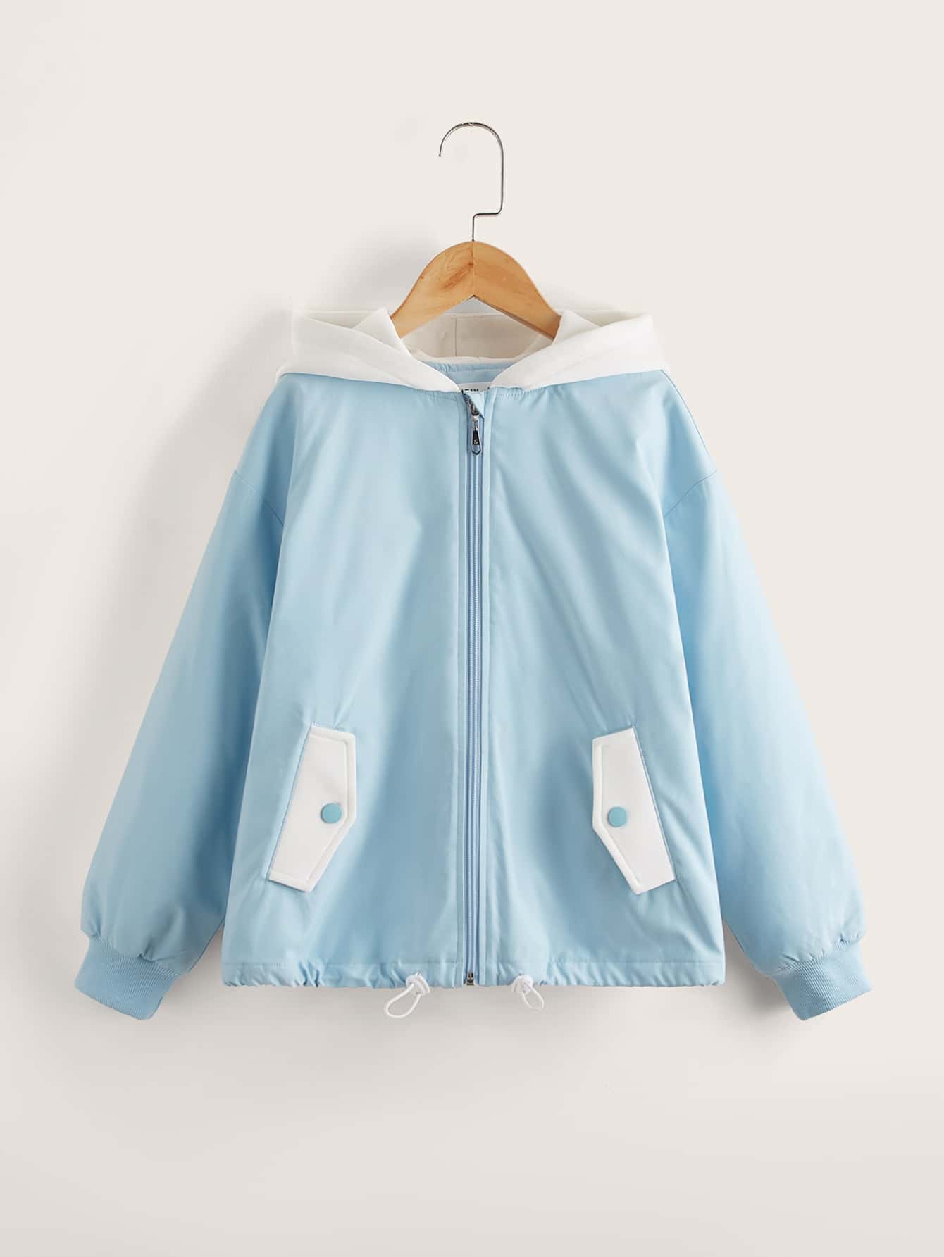 SHEIN Girls Zip Up Drop Shoulder Hooded Jacket - Baby Blue - View 1