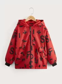 SHEIN Girls Letter Graphic Zip Up Drop Shoulder Hooded Jacket - Red - View 1