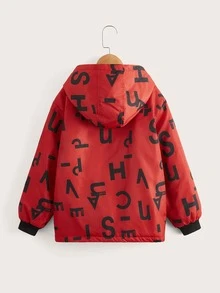 SHEIN Girls Letter Graphic Zip Up Drop Shoulder Hooded Jacket - Red - View 2