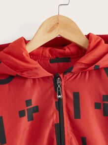 SHEIN Girls Letter Graphic Zip Up Drop Shoulder Hooded Jacket - Red - View 4