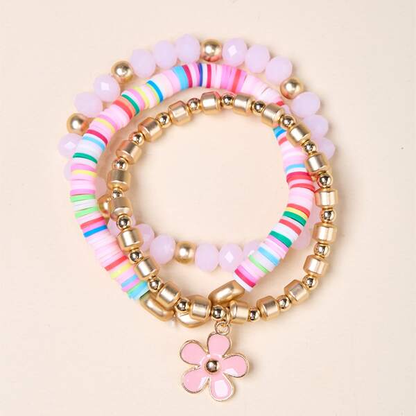 

3pcs Flower Decor Beaded Bracelet, Multicolor
