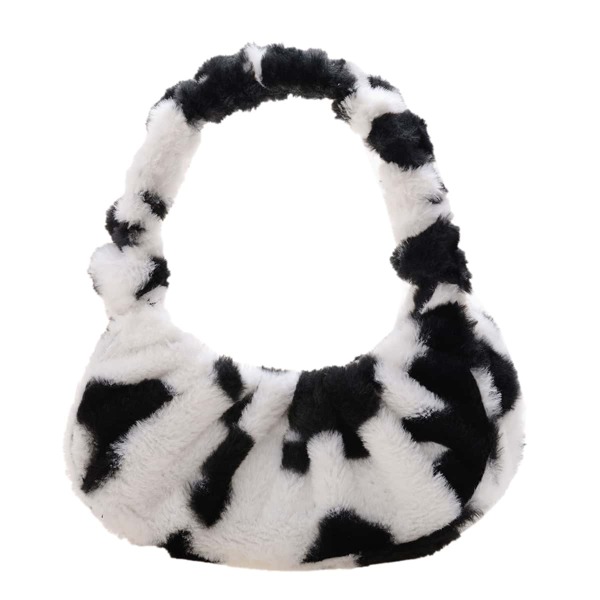 

Cow Print Fluffy Baguette Bag, Black and white