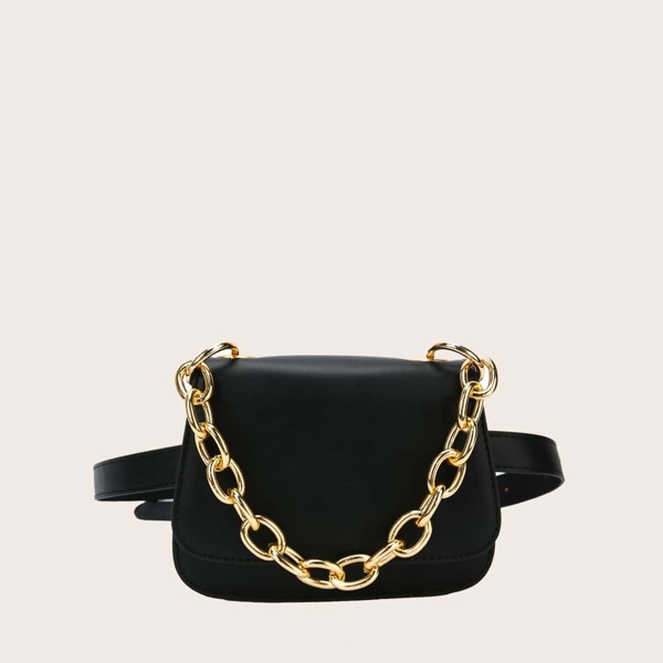 

Chain Decor Flap Fanny Pack, Black