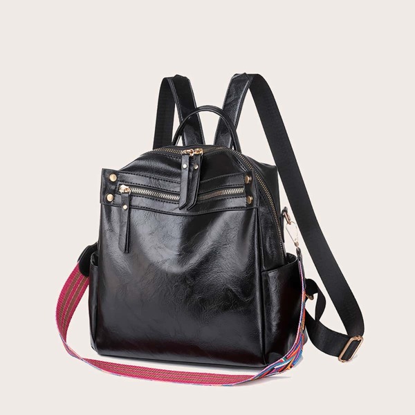 

Geometric Print Strap Decor Classic Backpack, Black