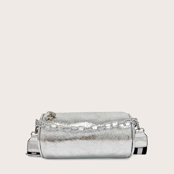 

Chain Decor Striped Pattern Strap Crossbody Bag, Silver