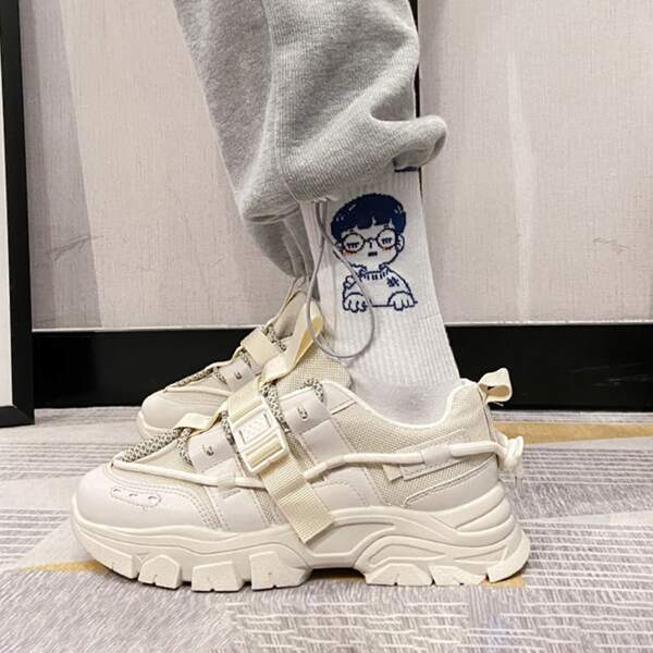 

Minimalist Drawstring Design Chunky Sneakers, Beige