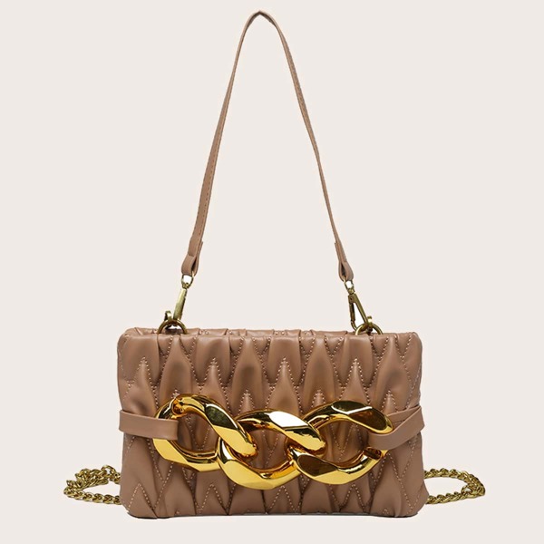 

Textured Solid Chain Decor Chain Square Bag, Khaki