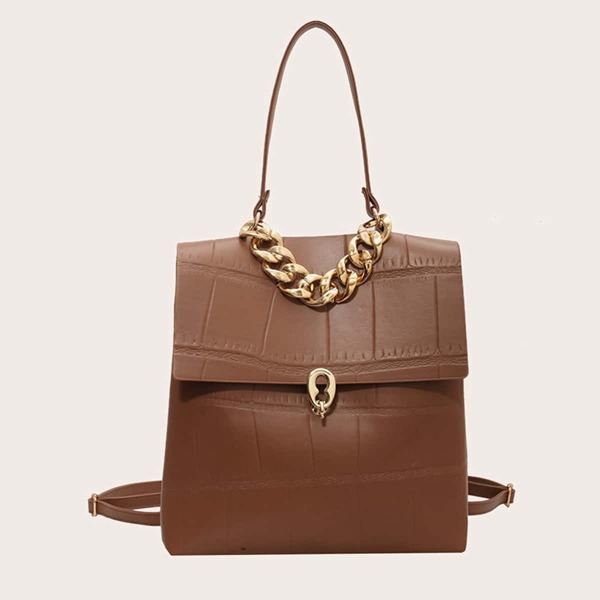 

Crocodile Embossed Chain Flap Backpack, Brown