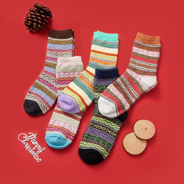 

5pairs Geometric Pattern Socks, Multicolor