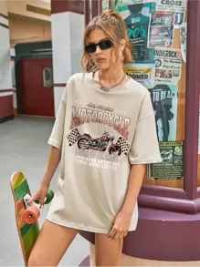 SHEIN EZwear 汽車和字母圖案小圓領T恤 - 卡其色 - 查看 1