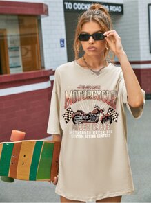 SHEIN EZwear 汽車和字母圖案小圓領T恤 - 卡其色 - 查看 4