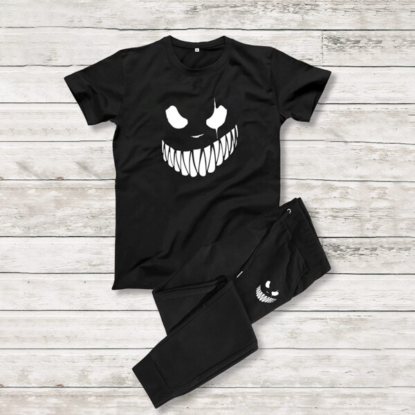 

Men Cartoon Graphic Tee & Drawstring Waist Sweatpants, Black